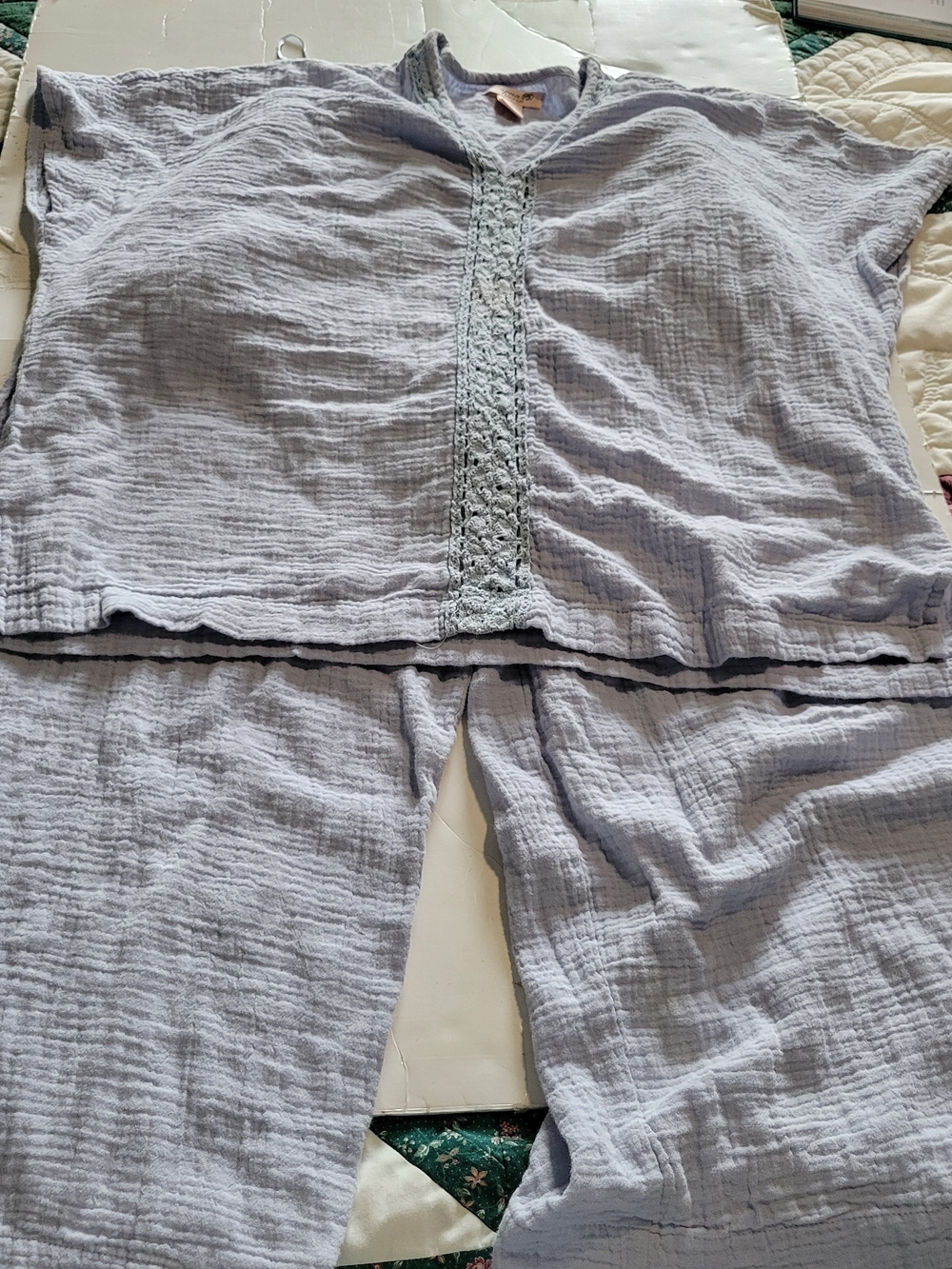 Japna Light Blue Two-Piece Gauze Sleep Set with Lace Trim Sz Medium